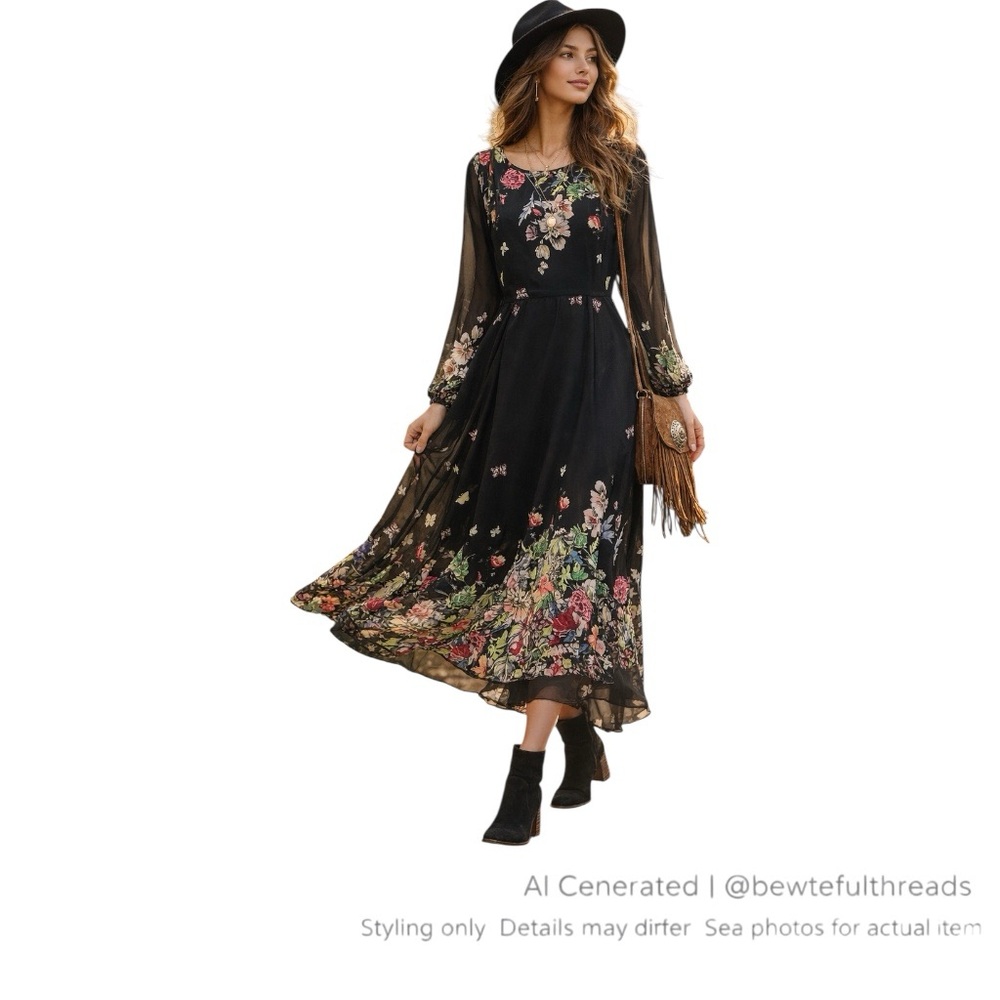 FloryDay Black Floral Butterfly Maxi Dress Sheer Sleeves Romantic Boho